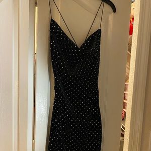 velvet black mini dress with blue and silver rhinestones